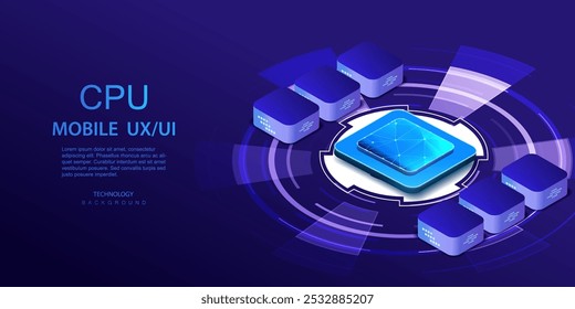 Banner ai isométrico da CPU. Plano de fundo futurista do processador de microchips. Conceito de banco de dados de computador quântico. Design da CPU do Processador para Servidor do Computador Central. Vetor de chip digital.