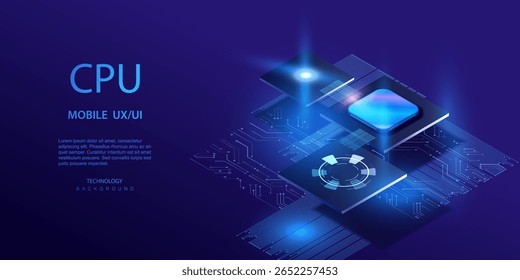 CPU isometric ai banner. Futuristic microchip processor background. Quantum processing computer database concept. Central Computer Processors CPU design. Digital chip vector.
