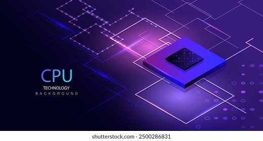 CPU isometric. Ai chipset banner. Futuristic microchip processor with circuit board background. Quantum computer database concept. Central Computer Processors CPU design. Digital chip vector.