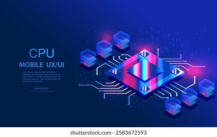 CPU isometric concept. Ai futuristic microchip processor background. Data Quantum computer. Central Computer Server Processor CPU design. Chip architecture vector.