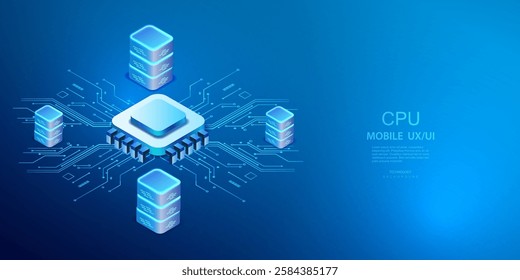 CPU isometric concept. Ai futuristic microchip processor background. Data Quantum computer. Central Computer Server Processor CPU design. Chip architecture vector.