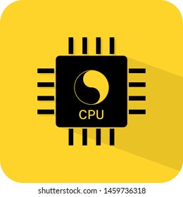 CPU logo. System on chip. Smartphone or mobile processor. Flat 3D shadow design. yellow background black vector. product brand service label banner board display. App icon.