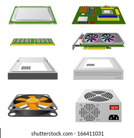 CPU, matherboard, video card, hard disc, other hardware isolated on white background.