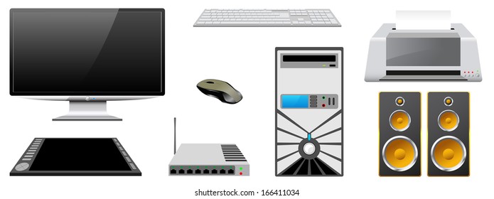CPU, matherboard, video card, hard disc, other hardware isolated on white background.