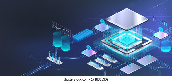 CPU microchip banner in isometric. Futuristic processor microchip with components installed on motherboard. Isometric illustration Сircuit board CPU. Hi-tech microchip and microprocessor AI. Vector