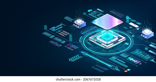 CPU microchip isometric banner. Hi-tech processor microchip with AI. Quantum chip for big data process. Isometric CPU on components installed on motherboard. Microchip and microprocessor. Vector