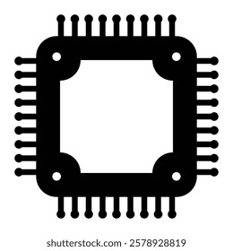 CPU microchip vector icon. Electronic component and computer hardware illustration. Black silhouette isolated on white background.