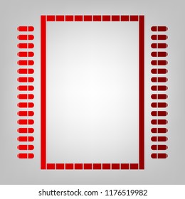 CPU, microelectronic circuit, chip icon. Vector. Vertically divided icon with colors from reddish gradient in gray background with light in center.