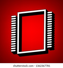 CPU, microelectronic circuit, chip icon. Vector. Perspective view of white icon with black outline at reddish background.
