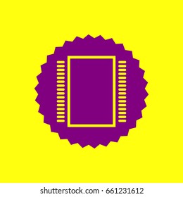 CPU, microelectronic circuit, chip icon. Vector. Violet label with hole as icon on yellow background.