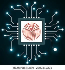 Cpu. Microprocessor with fingerprint inside. Microchip. Circuit board. Vector illustration