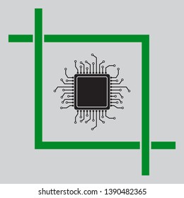 CPU Microprocessor illustration. Black icon inside green crop tool at light gray background