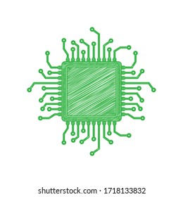 CPU Microprocessor illustration. Green scribble Icon with solid contour on white background. Illustration.