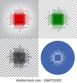 CPU Microprocessor illustration. Vector. 4 styles. Red gradient in radial lighted background, green flat and gray scribble icons on transparent and linear one in blue circle.