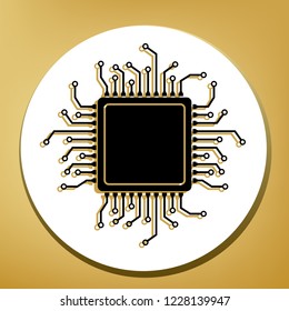 CPU Microprocessor illustration. Vector. Black icon with light brown shadow in white circle with shaped ring at golden background.