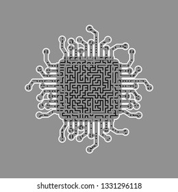 CPU Microprocessor illustration. Vector. Black maze filled icon with white border at gray background.