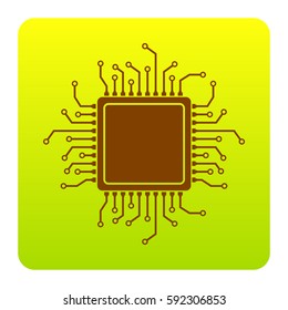 CPU Microprocessor illustration. Vector. Brown icon at green-yellow gradient square with rounded corners on white background. Isolated.