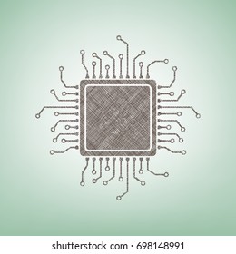 CPU Microprocessor illustration. Vector. Brown flax icon on green background with light spot at the center.