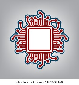 CPU Microprocessor illustration. Vector. Dark red, transparent and midnight green stroke of white icon at grayish background.