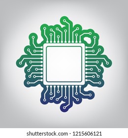 CPU Microprocessor illustration. Vector. Green to blue gradient contour icon at grayish background with light in center.