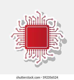 CPU Microprocessor illustration. Vector. New year reddish icon with outside stroke and gray shadow on light gray background.
