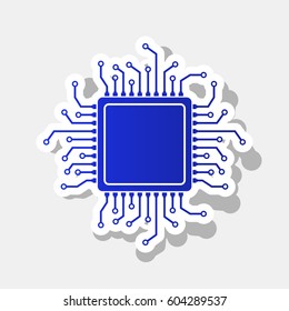 CPU Microprocessor illustration. Vector. New year bluish icon with outside stroke and gray shadow on light gray background.