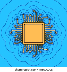 CPU Microprocessor illustration. Vector. Sand color icon with black contour and equidistant blue contours like field at sky blue background. Like waves on map - island in ocean or sea.