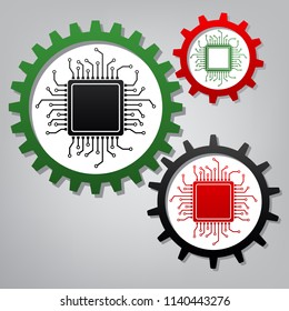 CPU Microprocessor illustration. Vector. Three connected gears with icons at grayish background.