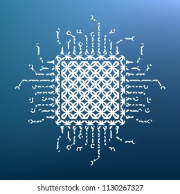 CPU Microprocessor illustration. Vector. White textured icon at lapis lazuli gradient background.