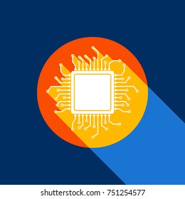 CPU Microprocessor illustration. Vector. White icon on tangelo circle with infinite shadow of light at cool black background. Selective yellow and bright navy blue are produced.