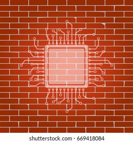 CPU Microprocessor illustration. Vector. Whitish icon on brick wall as background.