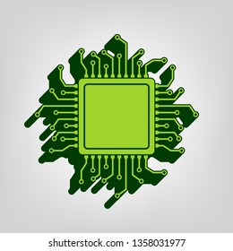 CPU Microprocessor illustration. Vector. Yellow green solid icon with dark green external body at light colored background.