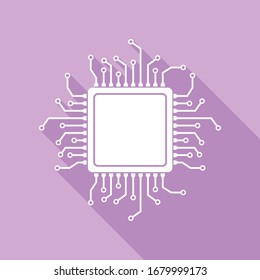 CPU Microprocessor illustration. White Icon with long shadow at purple background. Illustration.