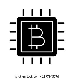CPU mining glyph icon. Cryptocurrency mining hardware. Bitcoin sign inside microchip. Silhouette symbol. Negative space. Digital money. Vector isolated illustration
