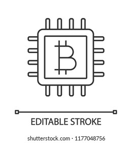 CPU mining linear icon. Cryptocurrency mining hardware. Thin line illustration. Bitcoin sign inside microchip. Digital money. Contour symbol. Vector isolated outline drawing. Editable stroke