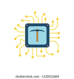 CPU Mining, Microchip, Pickaxe Flat Vector Icon. Isolated on White Background. Trendy Flat Style.