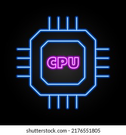 cpu neon sign, modern glowing banner design, colorful modern design trends on black background. Vector illustration.
