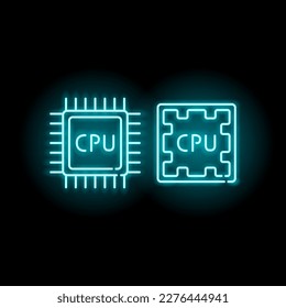 CPU in neon style. Glowing neon Processor. Multi-core processor. Integrated circuit. Glowing sign. Microchip Processor neon sign. CPU icon. 2 CPUs type. Vector illustration. EPS 10.