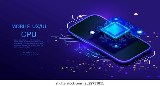 CPU en el teléfono móvil. Red de aire de computadora con teléfono inteligente, procesador y placa de circuito. CPU y fondo de Vector isométrico celular. Anuncio de red de ordenador de núcleo cuántico.