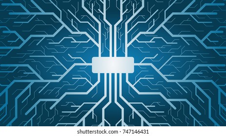 The CPU with the outgoing energy flows. Microchip. Integrated circuits. 