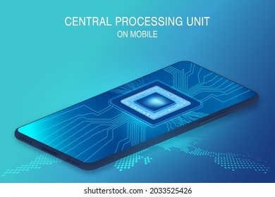 CPU of phone. Microchip, smd electronic components of mobile device on circuit board or motherboard. Digital Processor. Engineering and develop electronic microcontroller. vector illustration.