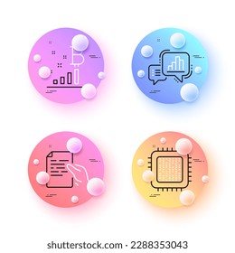 Cpu processor, Hold document and Bitcoin graph minimal line icons. 3d spheres or balls buttons. Graph chart icons. For web, application, printing. Vector