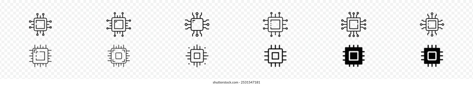 Ícone do processador da CPU, Ícone do chip do processador da inteligência artificial AI, ícone do processador do microchip, ícones relacionados aos microprocessadores, ícones isolados do chip da IA, ícone do vetor do microchip da IA