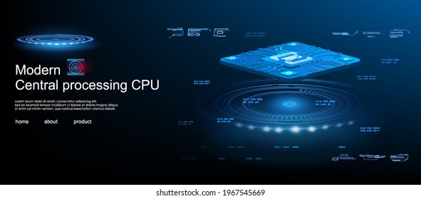 CPU processor for processing large amounts of information. Electronic microprocessor for computer or telephone. Concept banner with processor of the future