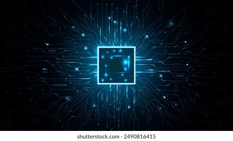 Procesador de CPU o semiconductor en el fondo de la tecnología. Microchip de ordenador en la placa base. Chip brillante brillante en la placa de circuito de luz en el fondo azul de la tecnología. 