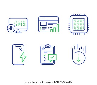 Cpu processor, Smartphone charging and Checklist line icons set. Web report, Report statistics and Scroll down signs. Computer component, Phone battery, Survey. Graph chart. Technology set. Vector