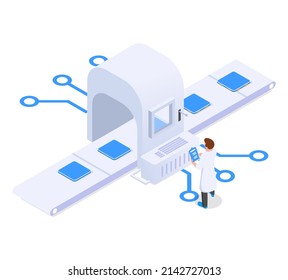 Línea de producción de CPU.Isometric vector ilustración en fondo blanco.