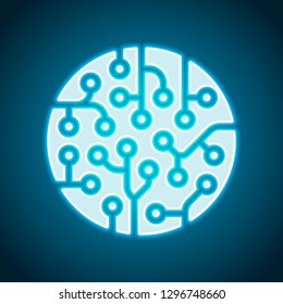 CPU round chipset, computer chip. Technology icon. Neon style. Light decoration icon. Bright electric symbol