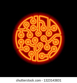 CPU round chipset, computer chip. Technology icon. Orange neon style on black background. Light icon