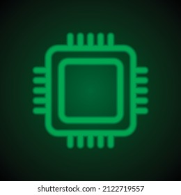 Vector de iconos simple de CPU. Diseño plano. Neón verde sobre fondo negro con luz verde.ai